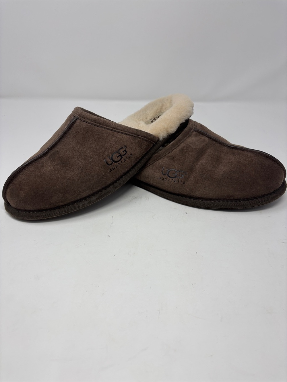 UGG Men’s Chocolate Brown Suede Slip-On Slippers with Shearling Collar 11